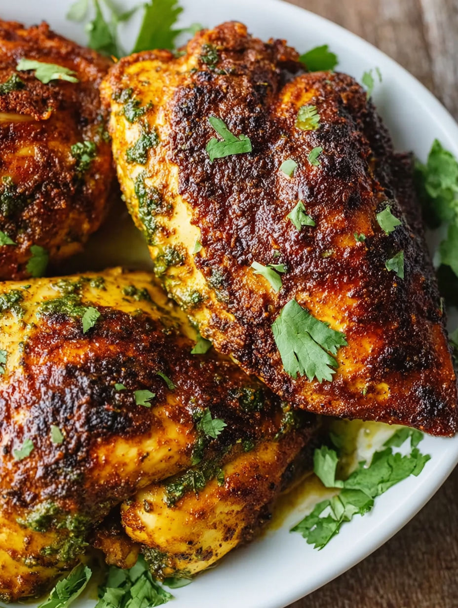 A plate of chicken with a spice mix on top.