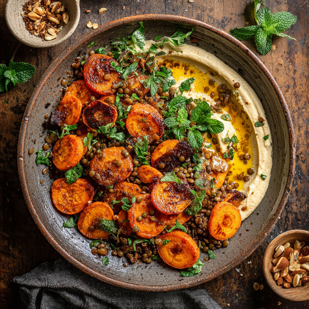 A bowl of roasted carrots and lentil salad with hummus.