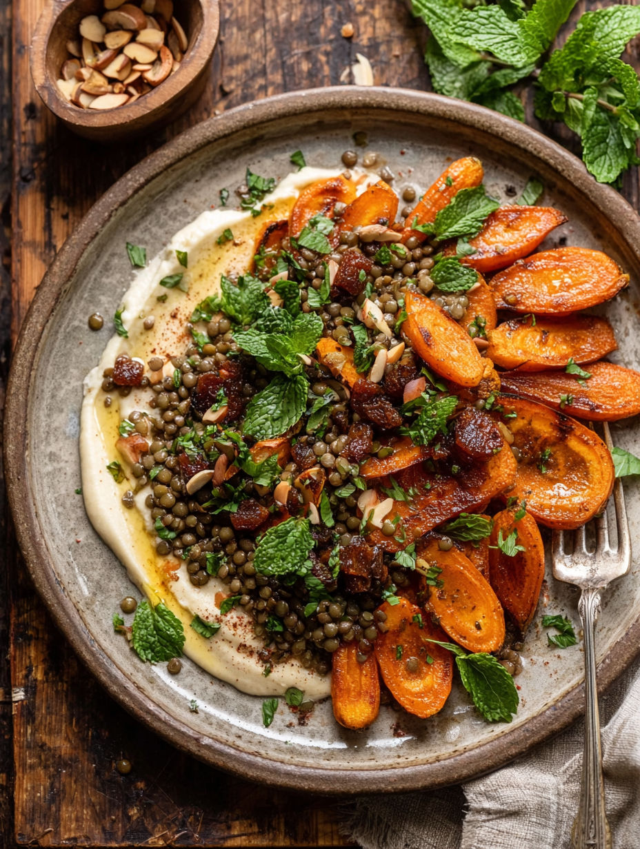 A plate of roasted carrots and lentil salad with hummus.