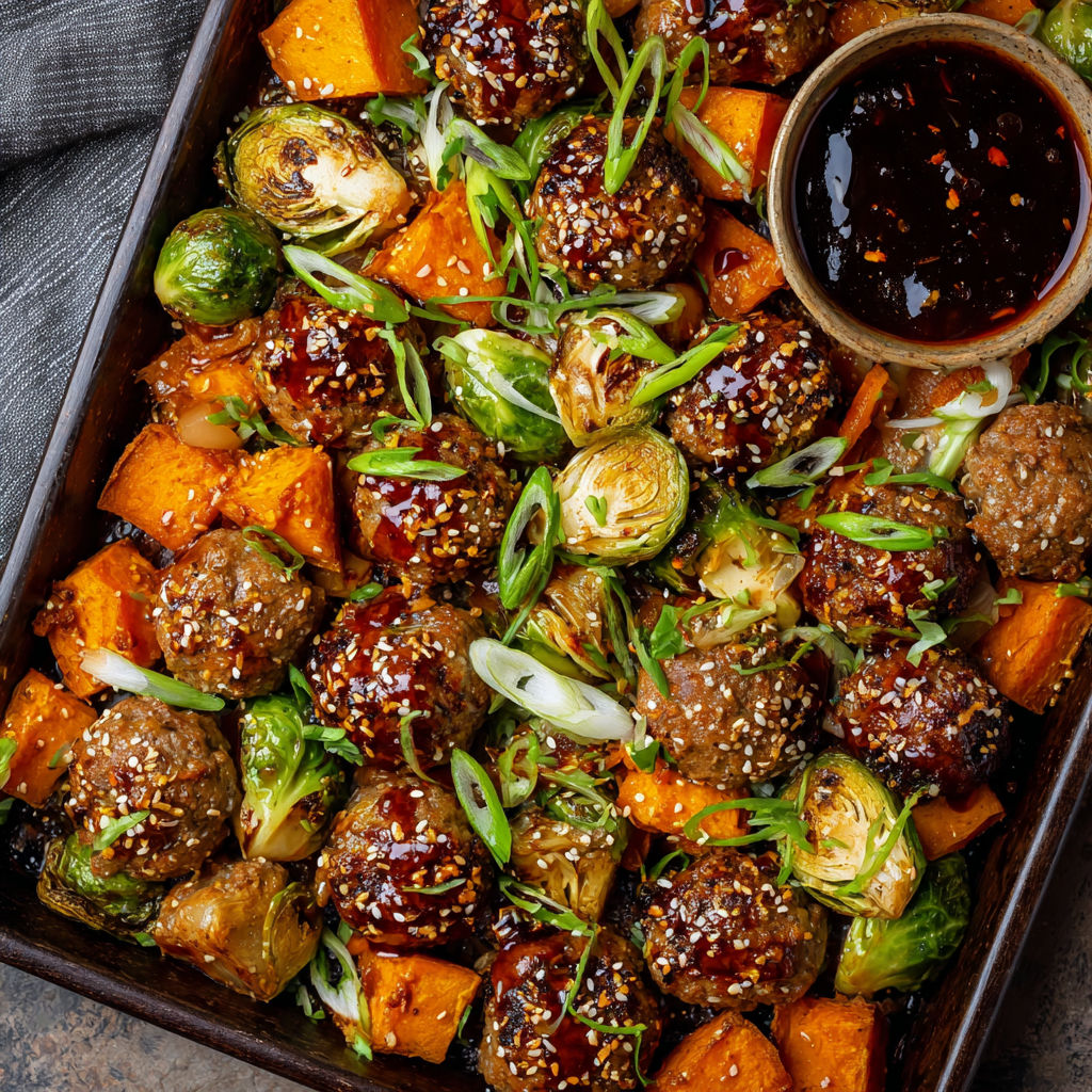 A pan of Korean BBQ meatballs and vegetables.
