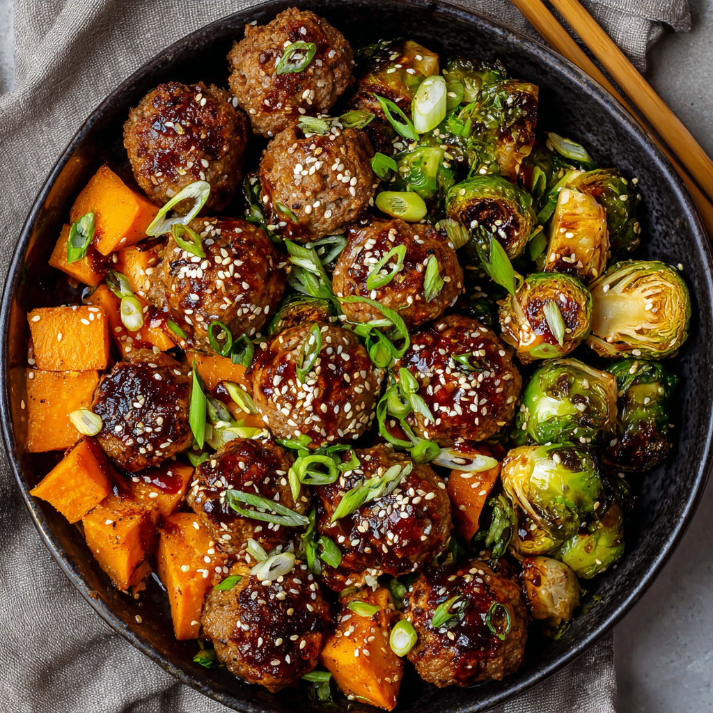 A bowl of meatballs and vegetables.