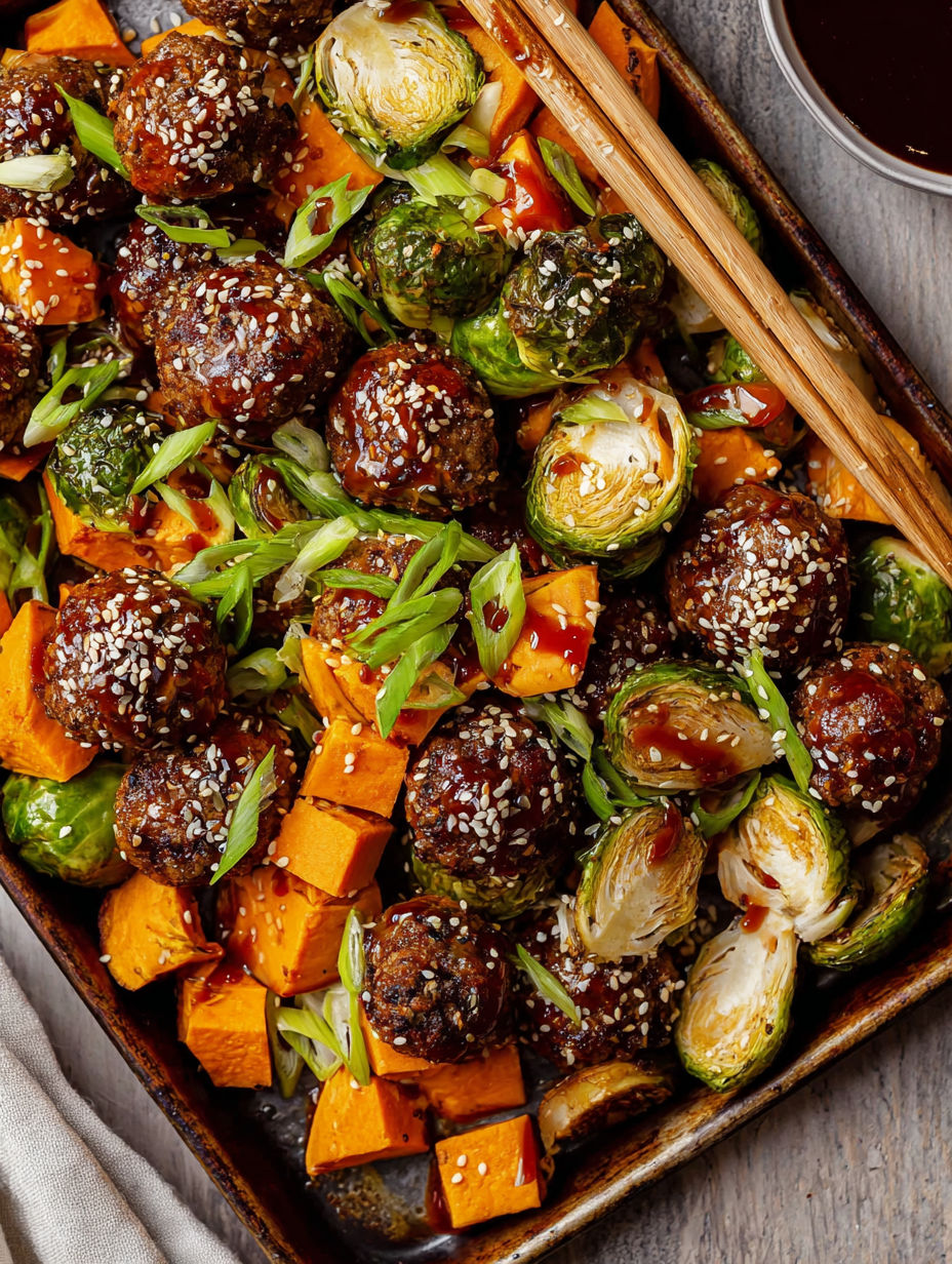 A dish of Korean BBQ meatballs and vegetables.