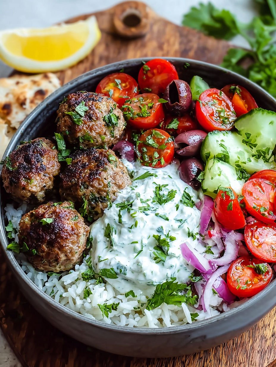 A bowl of meatballs, rice, and vegetables.