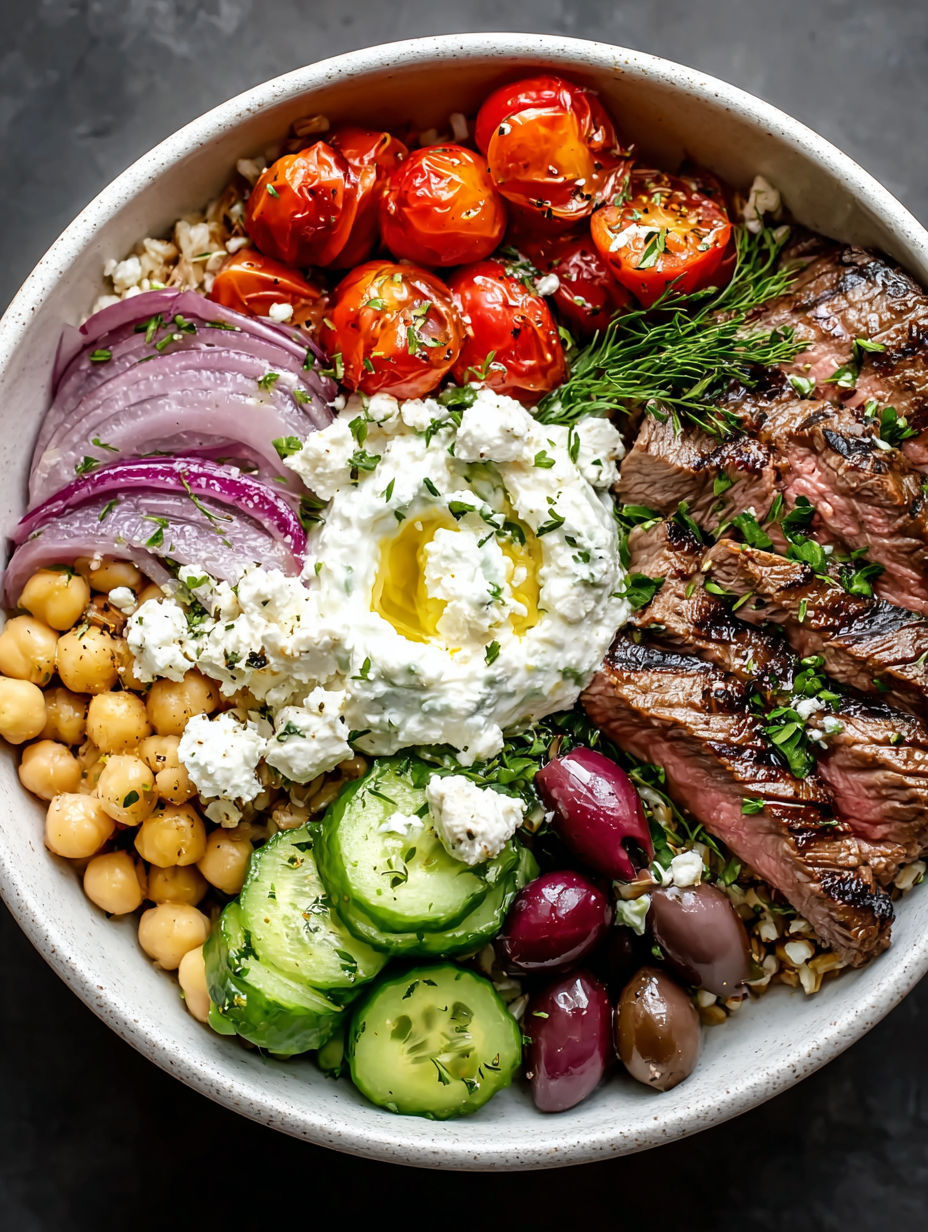 A bowl of food with meat, vegetables, and cheese.