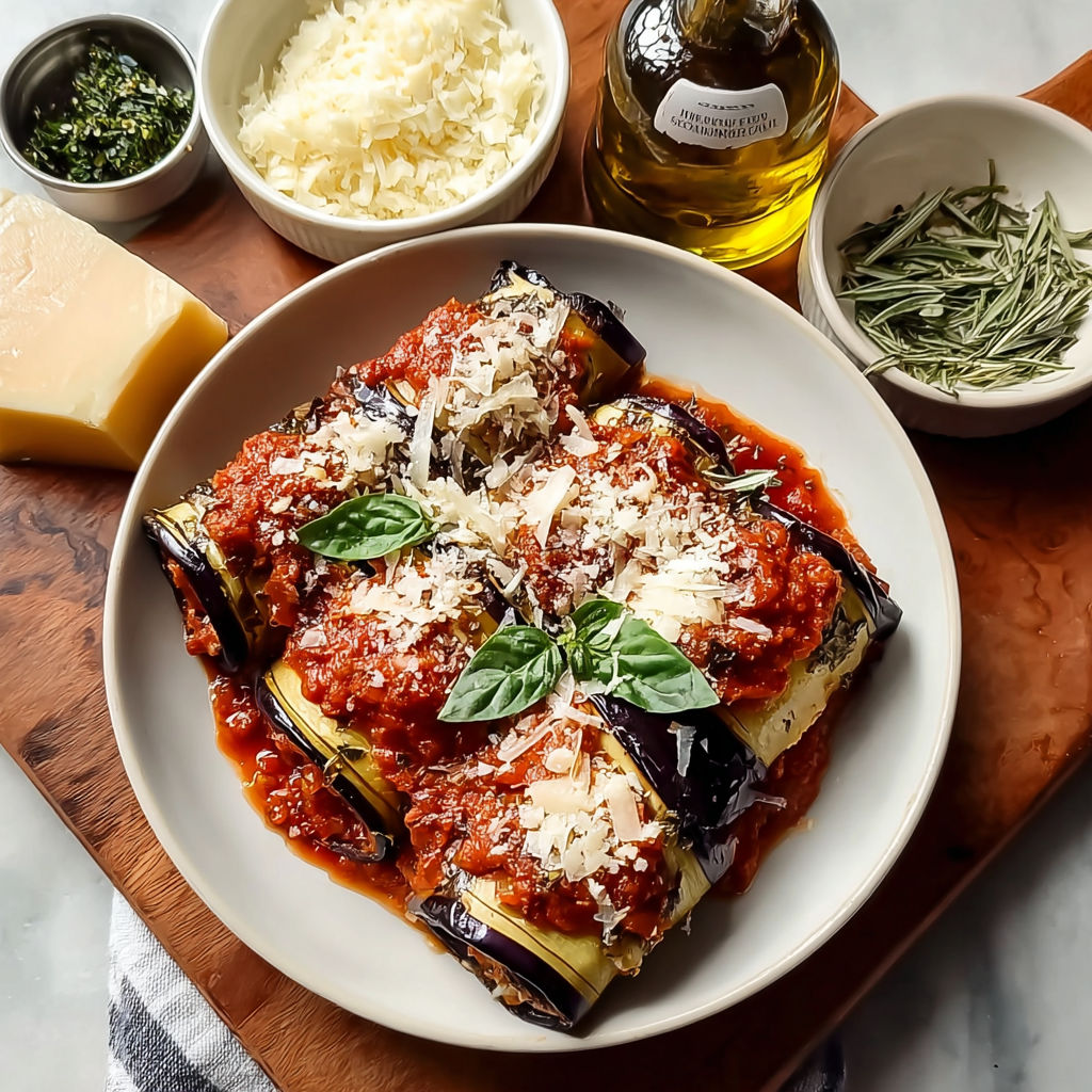 A plate of eggplant rollatini with sauce and cheese.