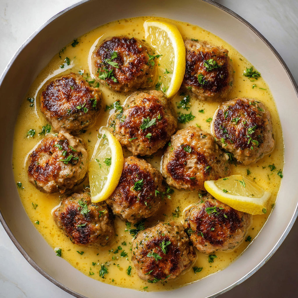 A plate of meatballs in a lemon sauce.