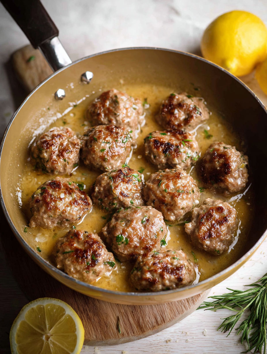 A pan of meatballs in a lemon sauce.
