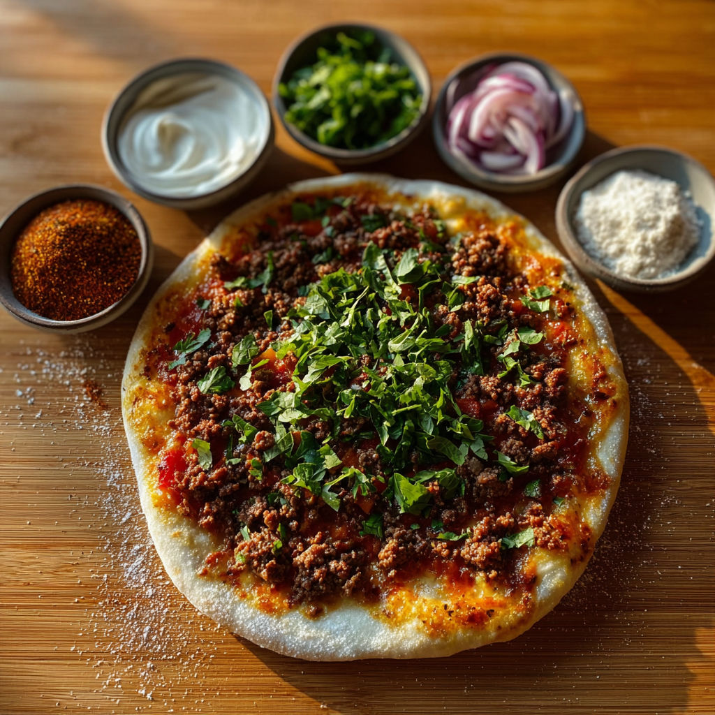 A pizza with various toppings on a wooden table.