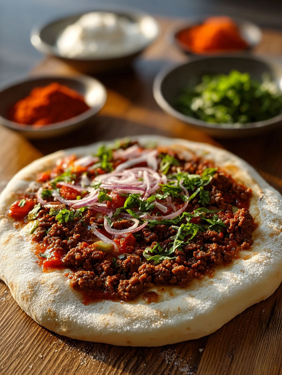 A pizza with meat and vegetables on top.