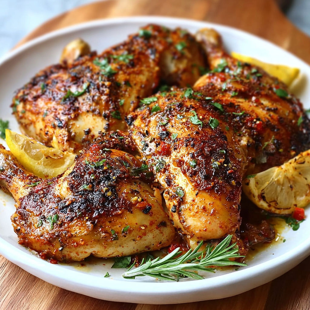 A plate of grilled chicken with lemon wedges on the side.