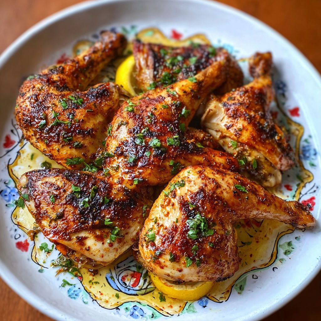 A plate of grilled chicken with lemon and herbs.