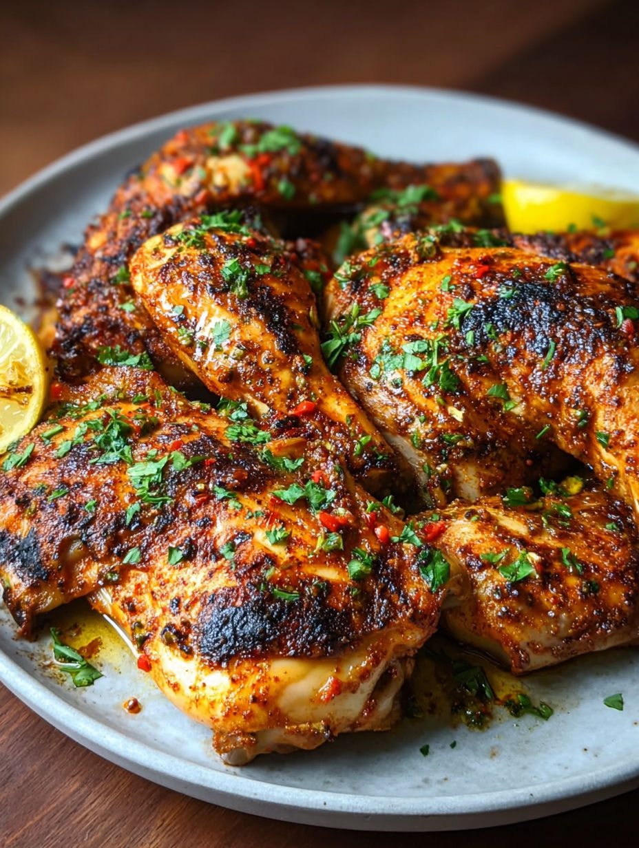 A plate of grilled chicken with herbs and spices.