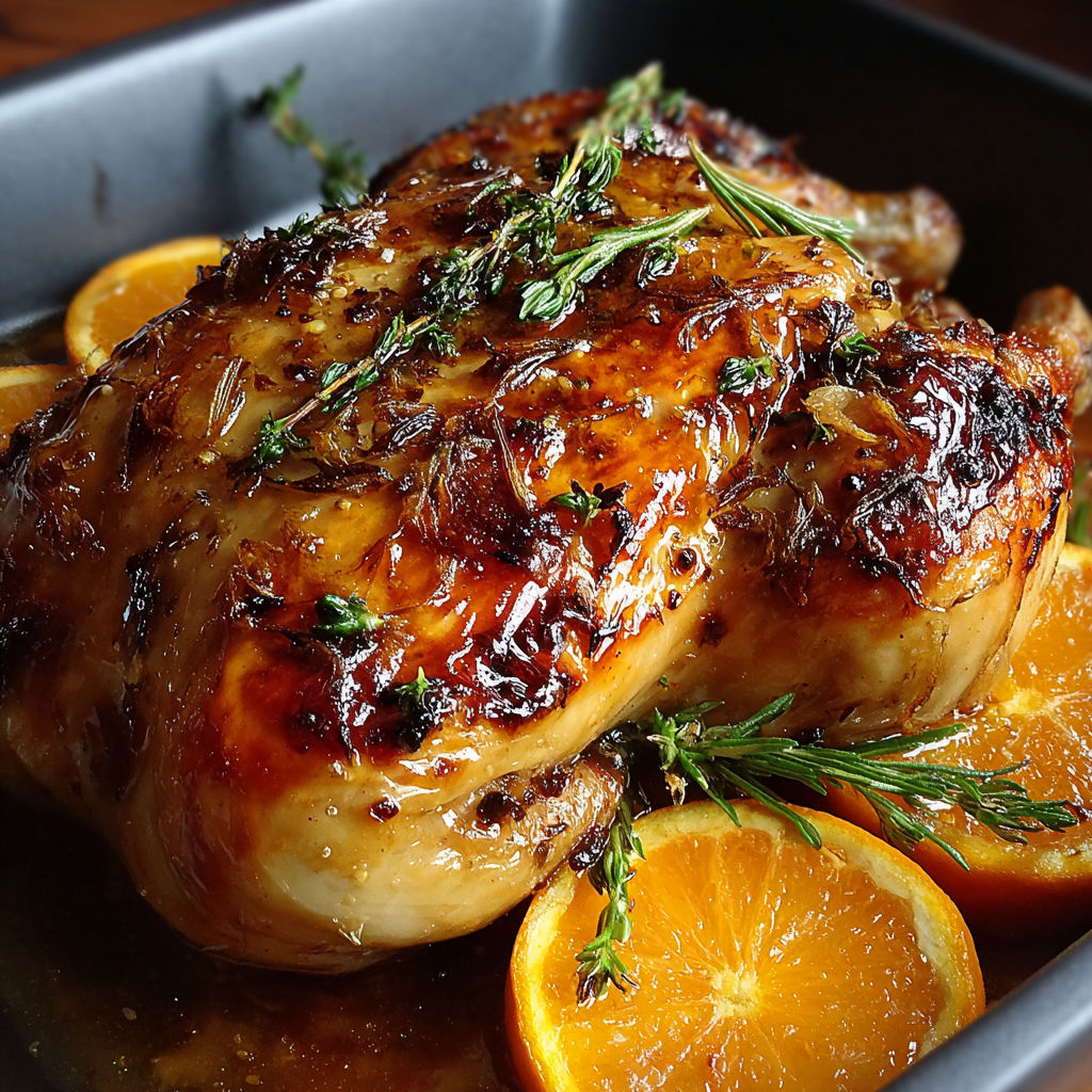 A roasted chicken with oranges on top.
