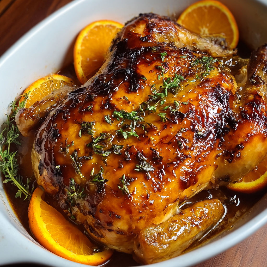 A roasted chicken with orange slices on top.