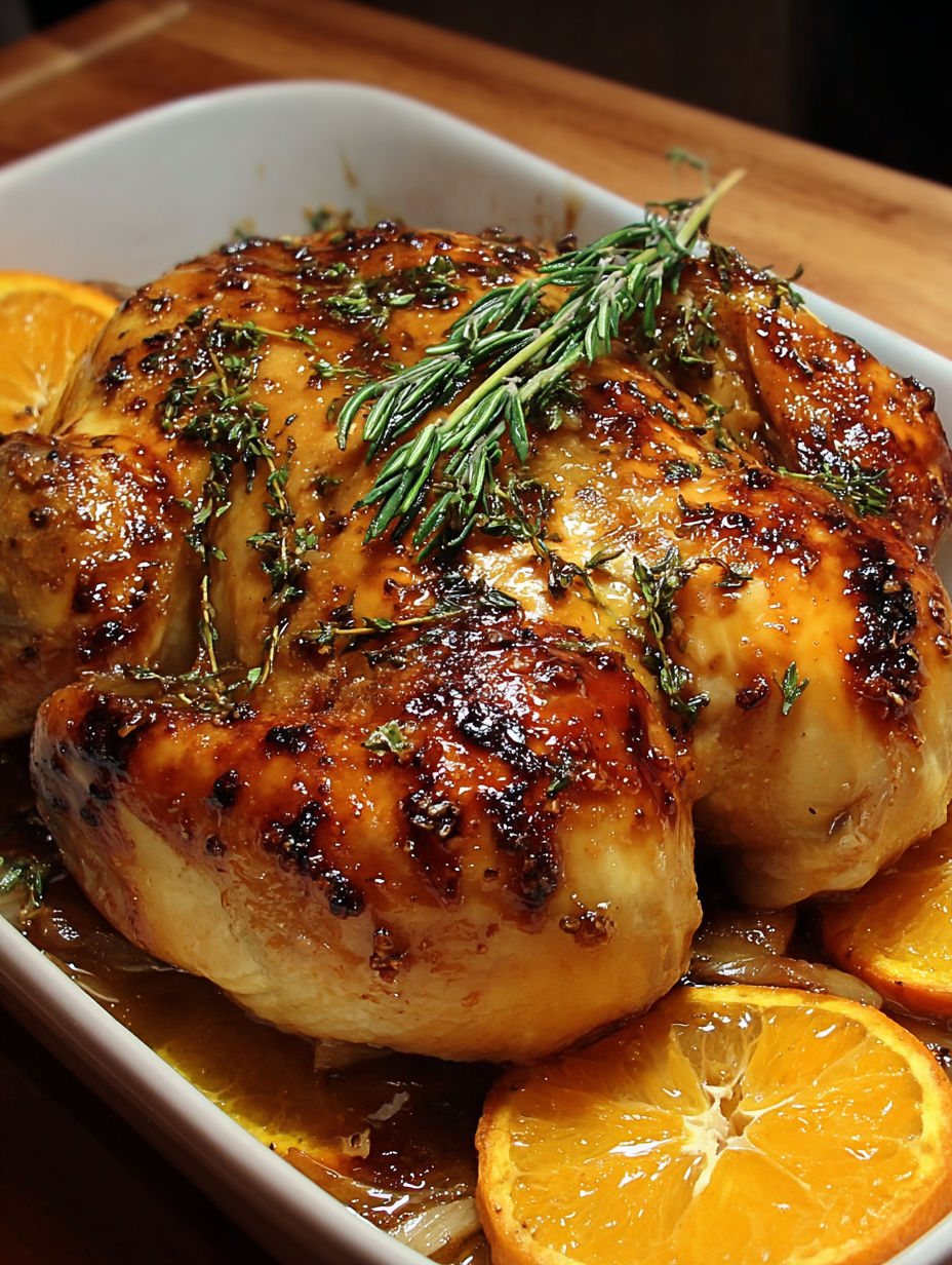 A roasted chicken with herbs and oranges.