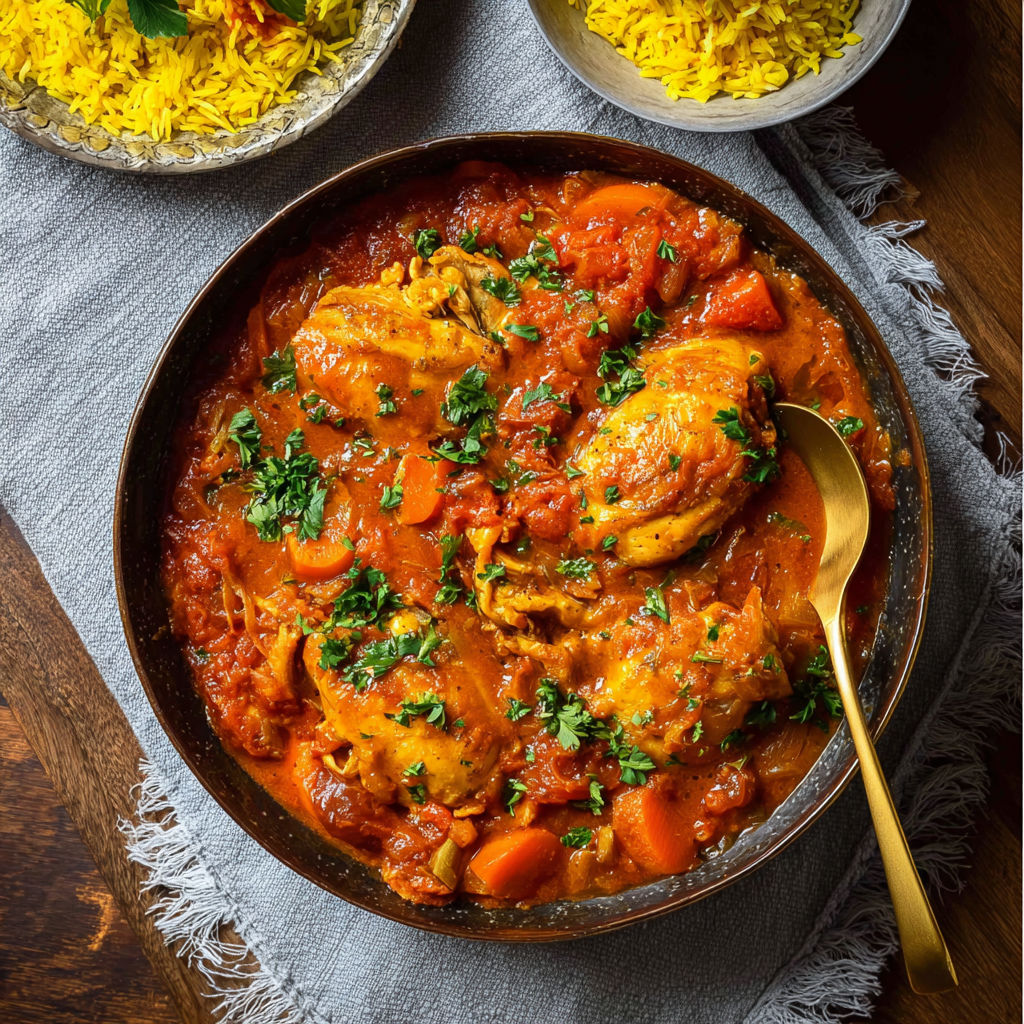 A bowl of Moroccan chicken stew with a spoon inside.