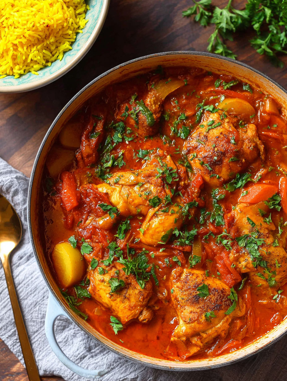 A pot of Moroccan chicken stew with a spoon in it.
