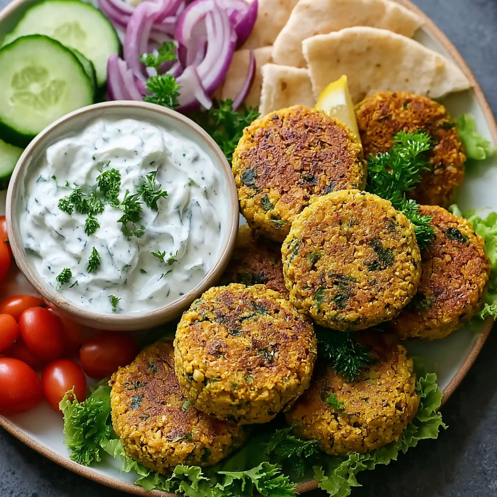 A plate of baked falafel with tzatziki sauce.