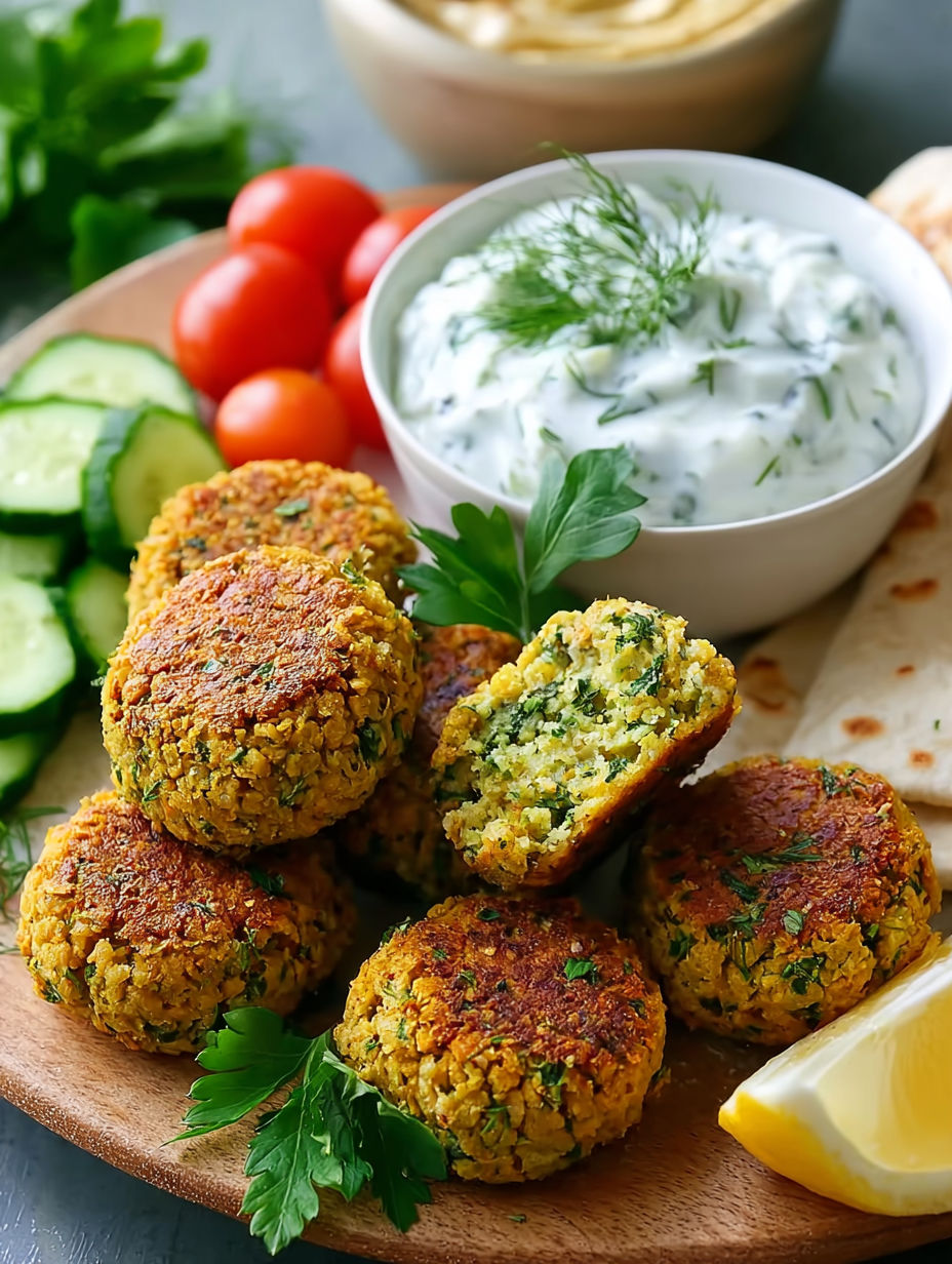 A plate of baked falafel with tzatziki sauce.