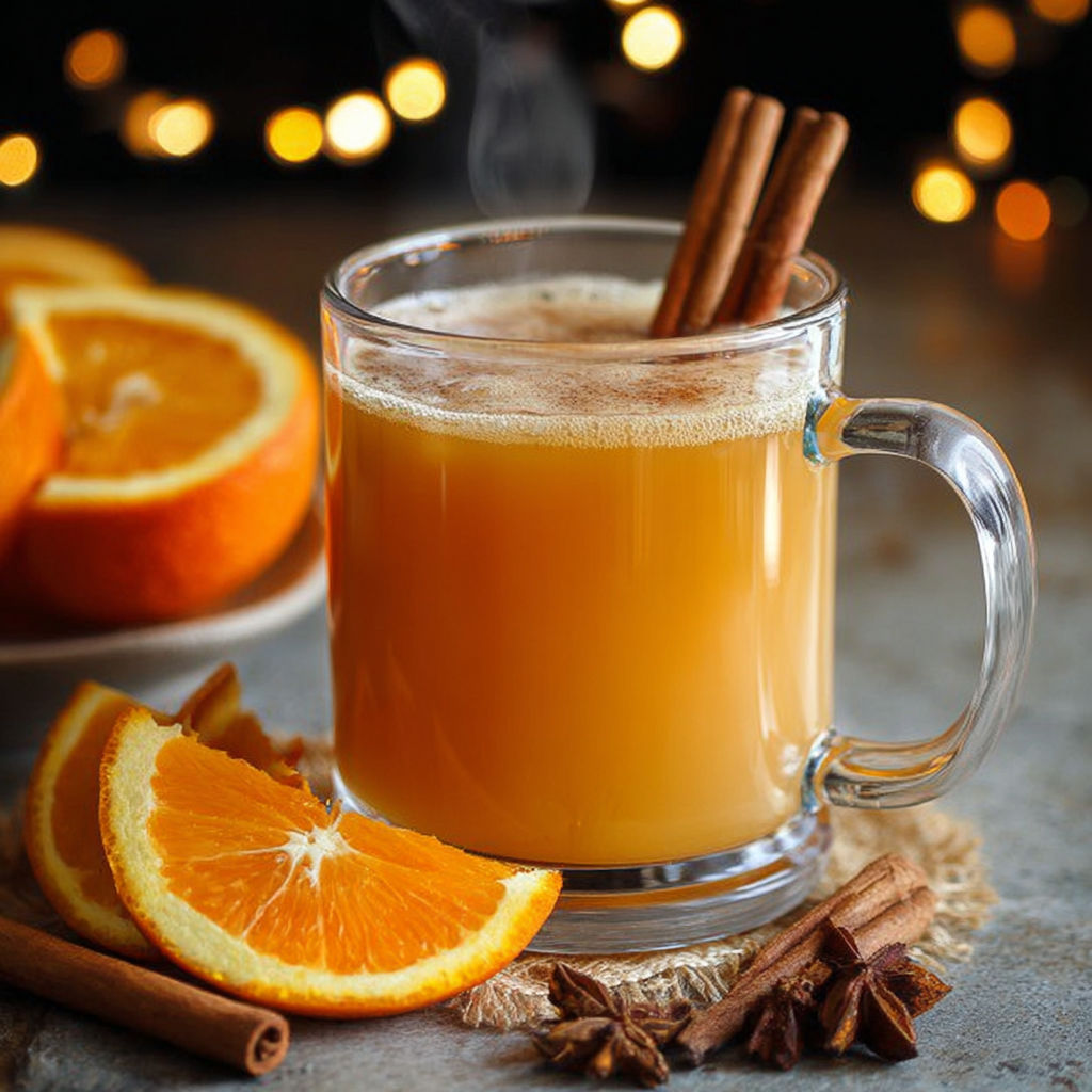 A glass of orange juice with cinnamon sticks in it.