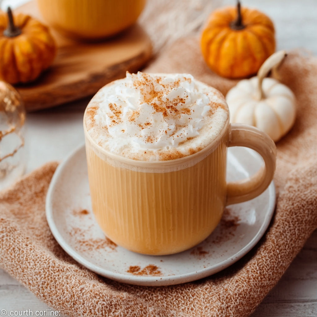A cup of pumpkin spice milk on a table.