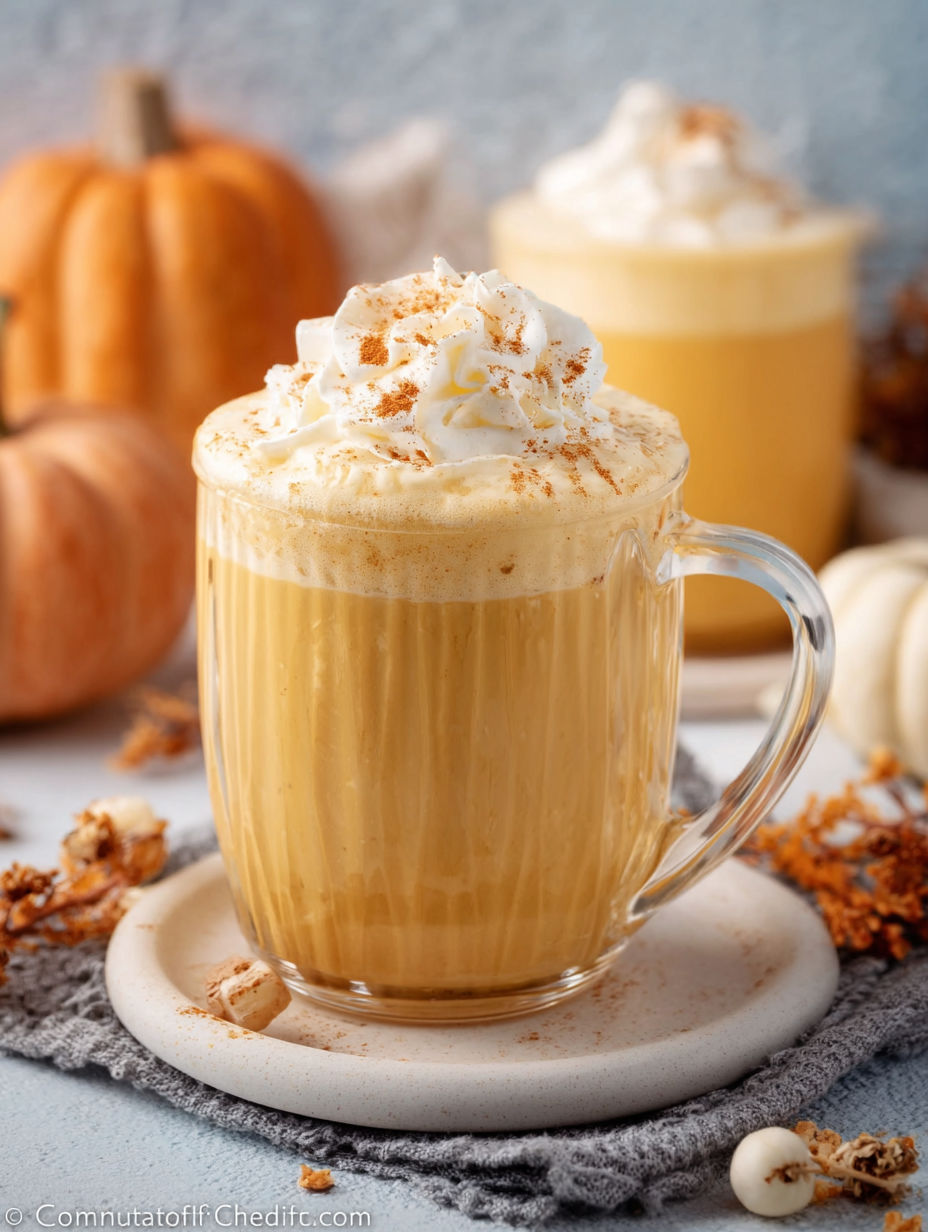 A glass of pumpkin spice milk with whipped cream on top.