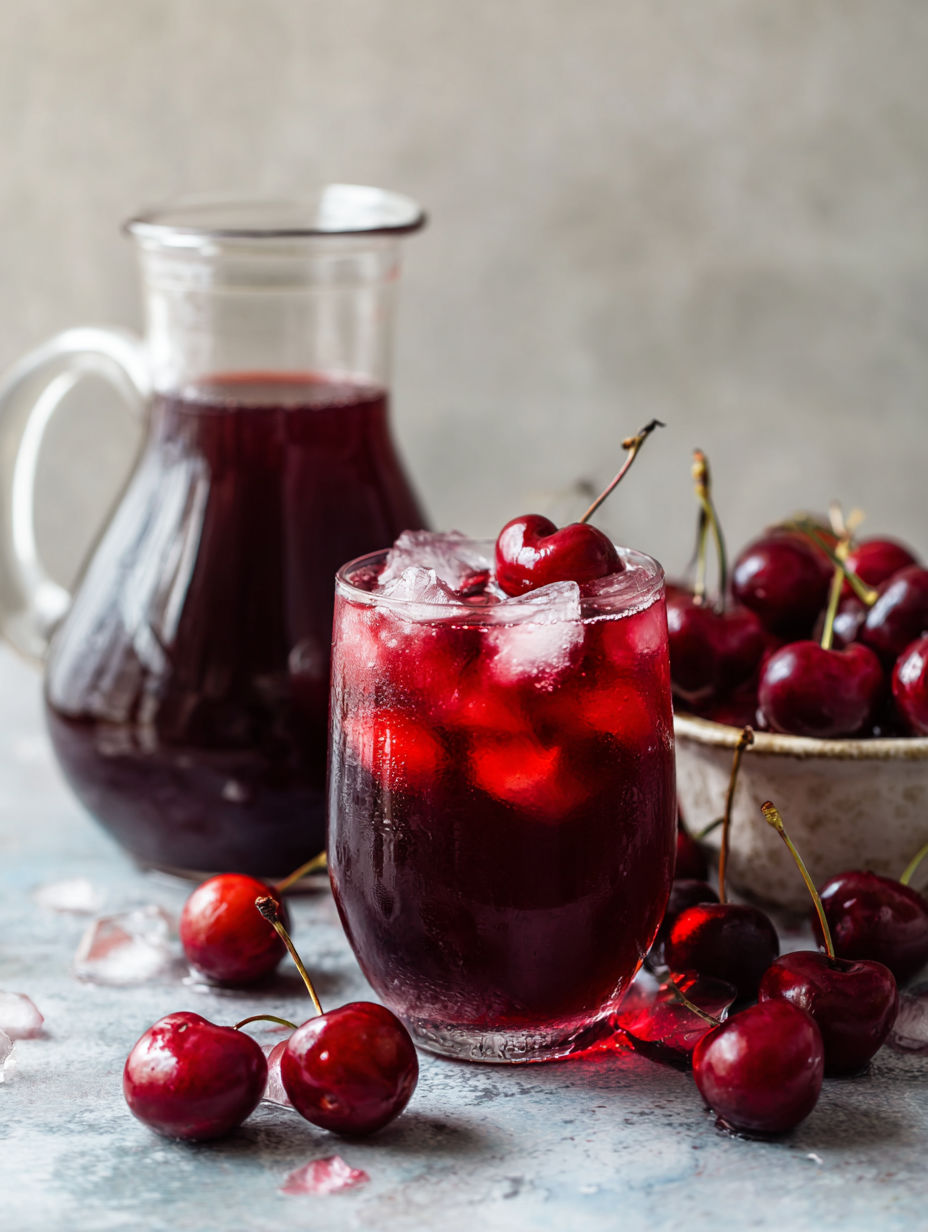 A glass of cherry pie iced tea with a cherry on top.