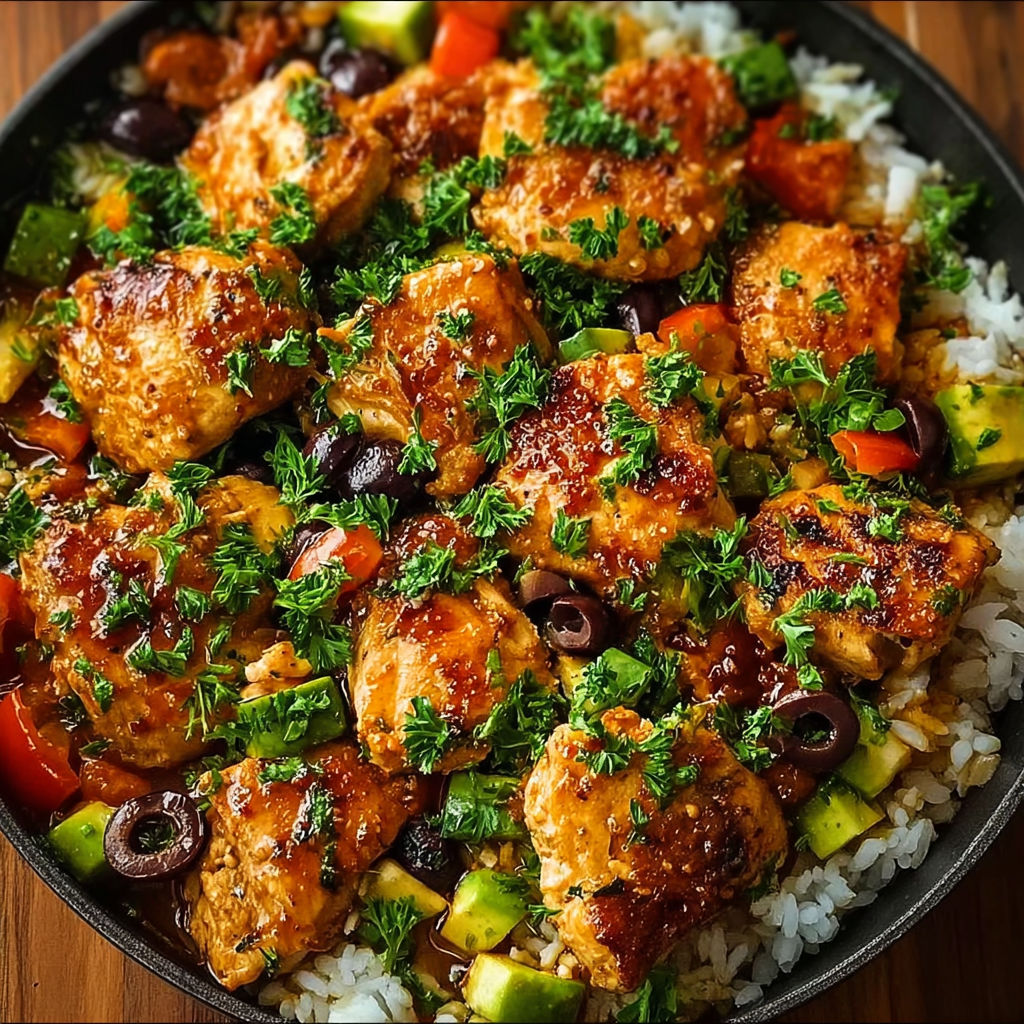 A skillet of chicken with rice and vegetables.