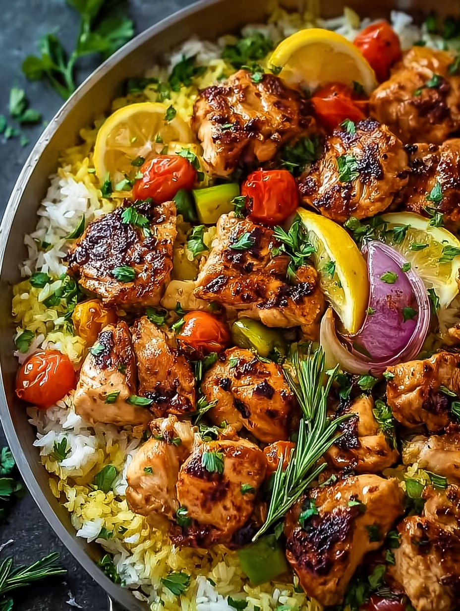 A skillet of chicken with tomatoes, onions, and lemon wedges.