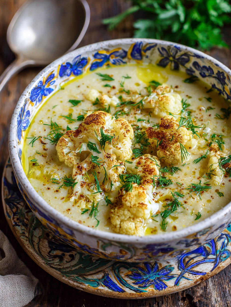 A bowl of cauliflower soup with herbs and spices.
