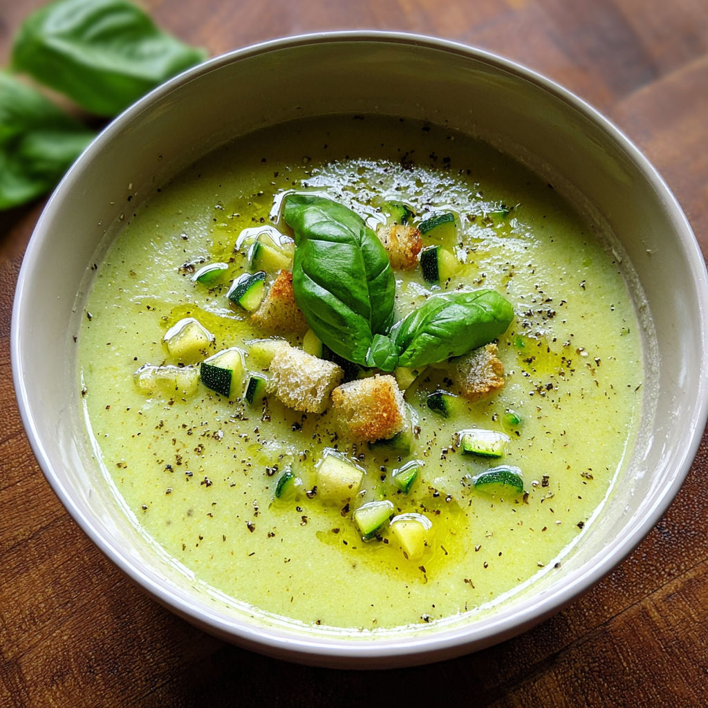 A bowl of soup with zucchini and bread.