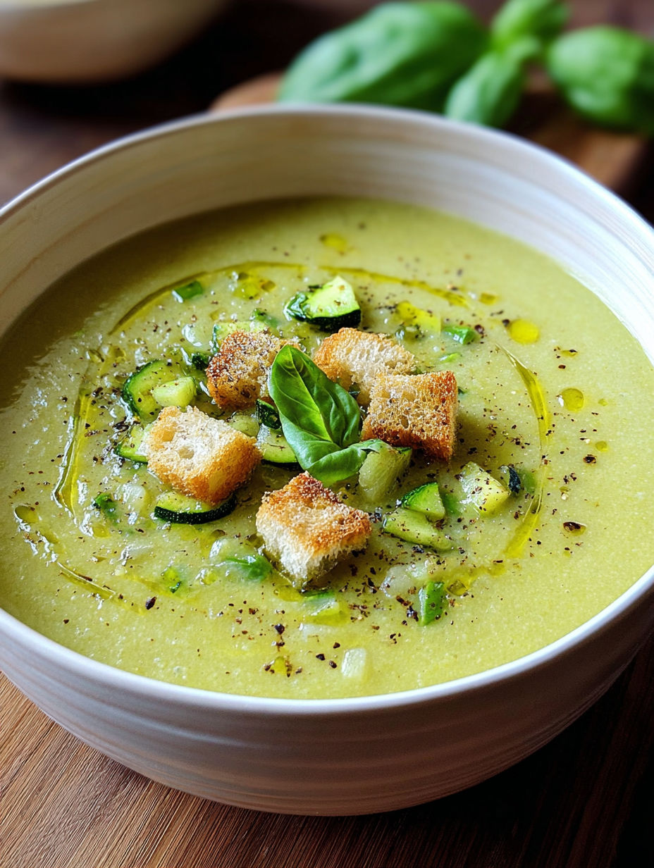 A bowl of soup with zucchini and bread.