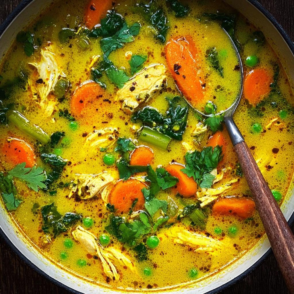 A bowl of soup with chicken, carrots, and peas.