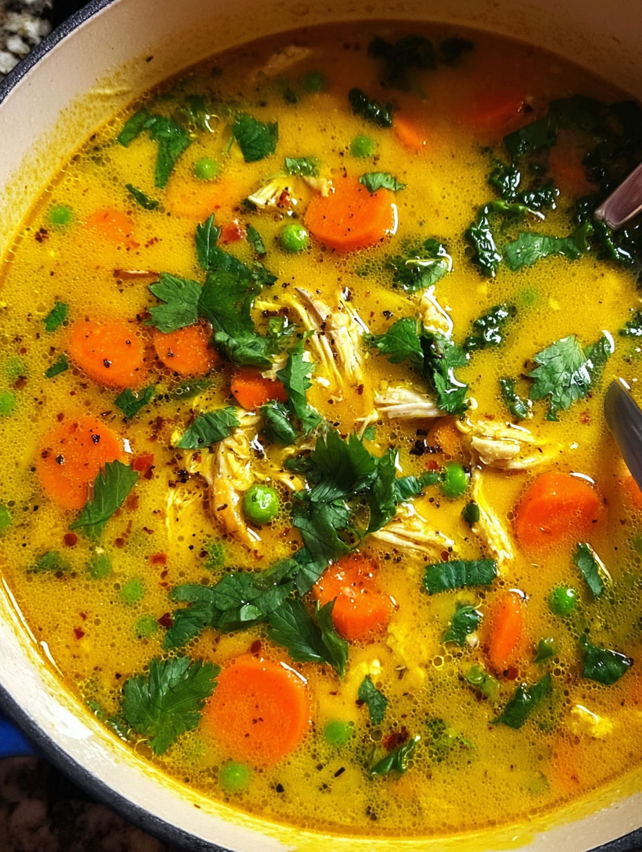 A bowl of soup with carrots and green herbs.