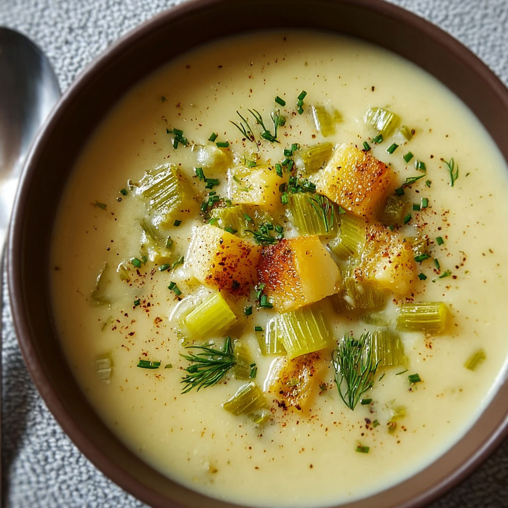 A bowl of soup with roasted celery and potatoes.
