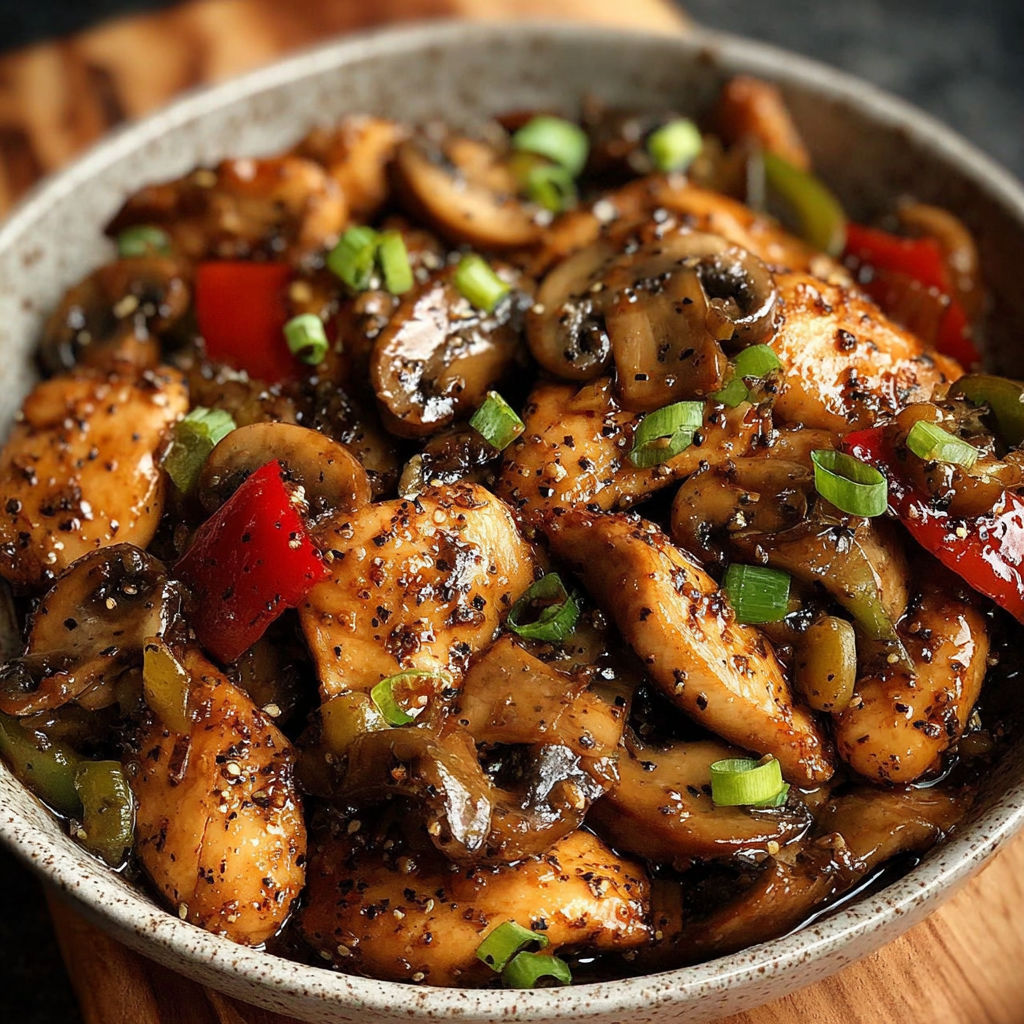 A bowl of black pepper chicken with mushrooms.