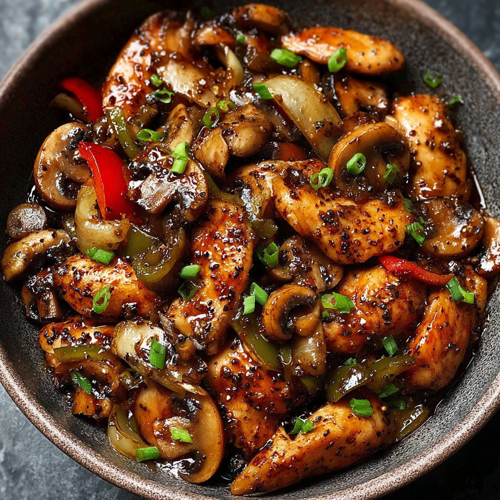 A bowl of black pepper chicken with mushrooms.