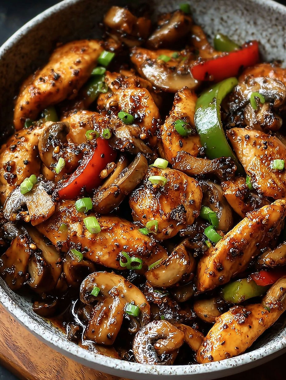 A dish of black pepper chicken with mushrooms.