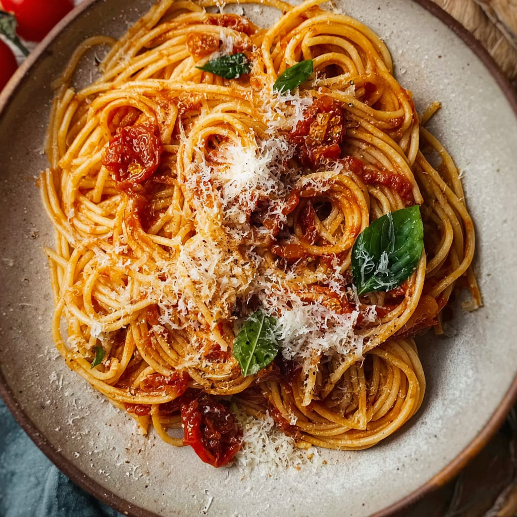 A plate of spaghetti with tomatoes and cheese.