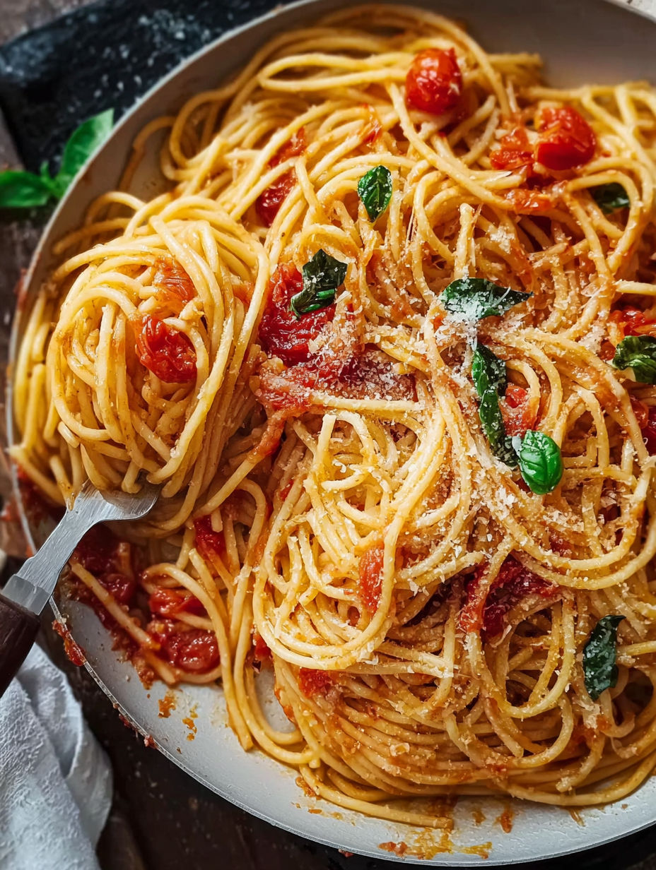A bowl of spaghetti with tomatoes and basil.