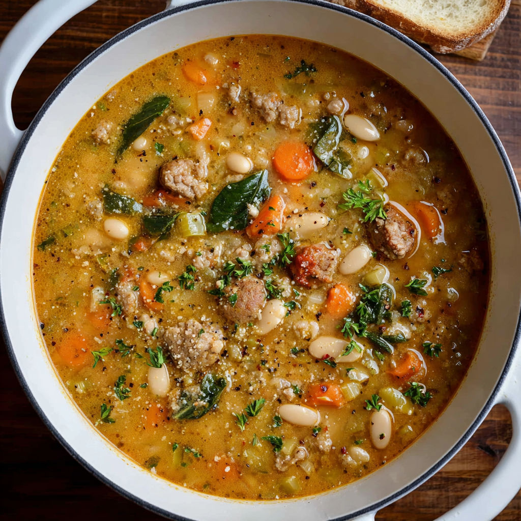 A bowl of Tuscan White Bean Soup with a spoon in it.