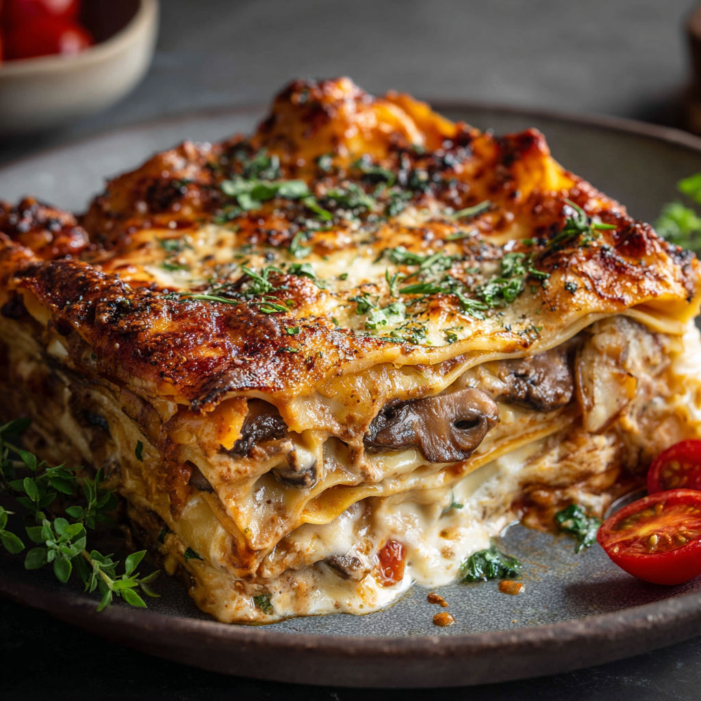 A delicious mushroom lasagna on a plate.