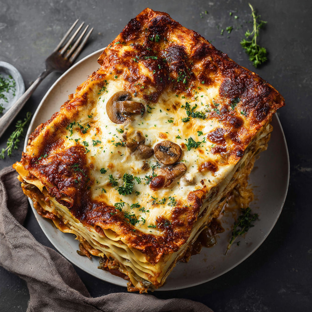A plate of lasagna with mushrooms on top.