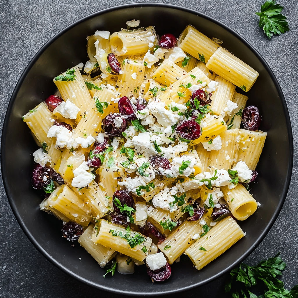 A bowl of pasta salad with feta cheese and cranberries.