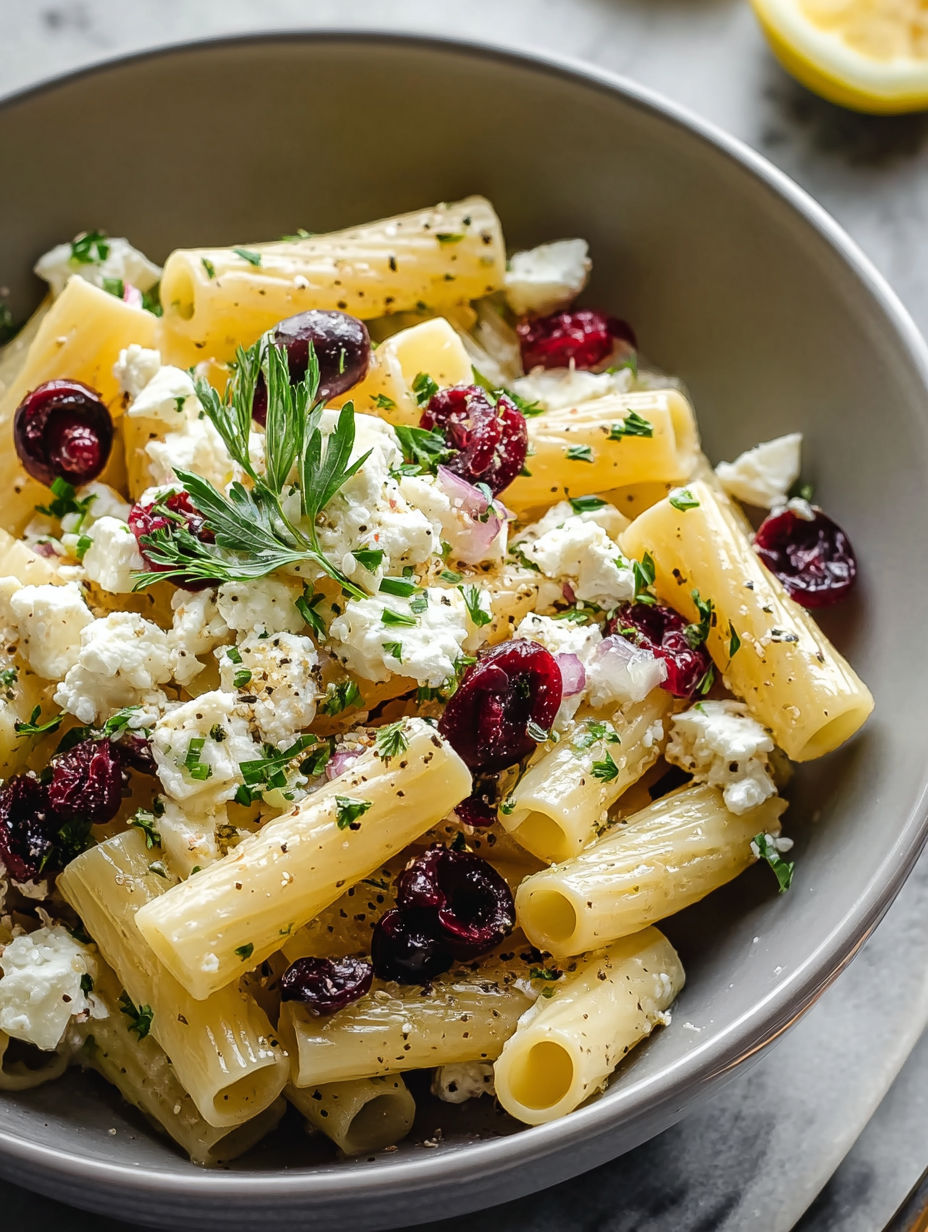 A bowl of pasta salad with feta cheese, cranberries, and rigatoni.