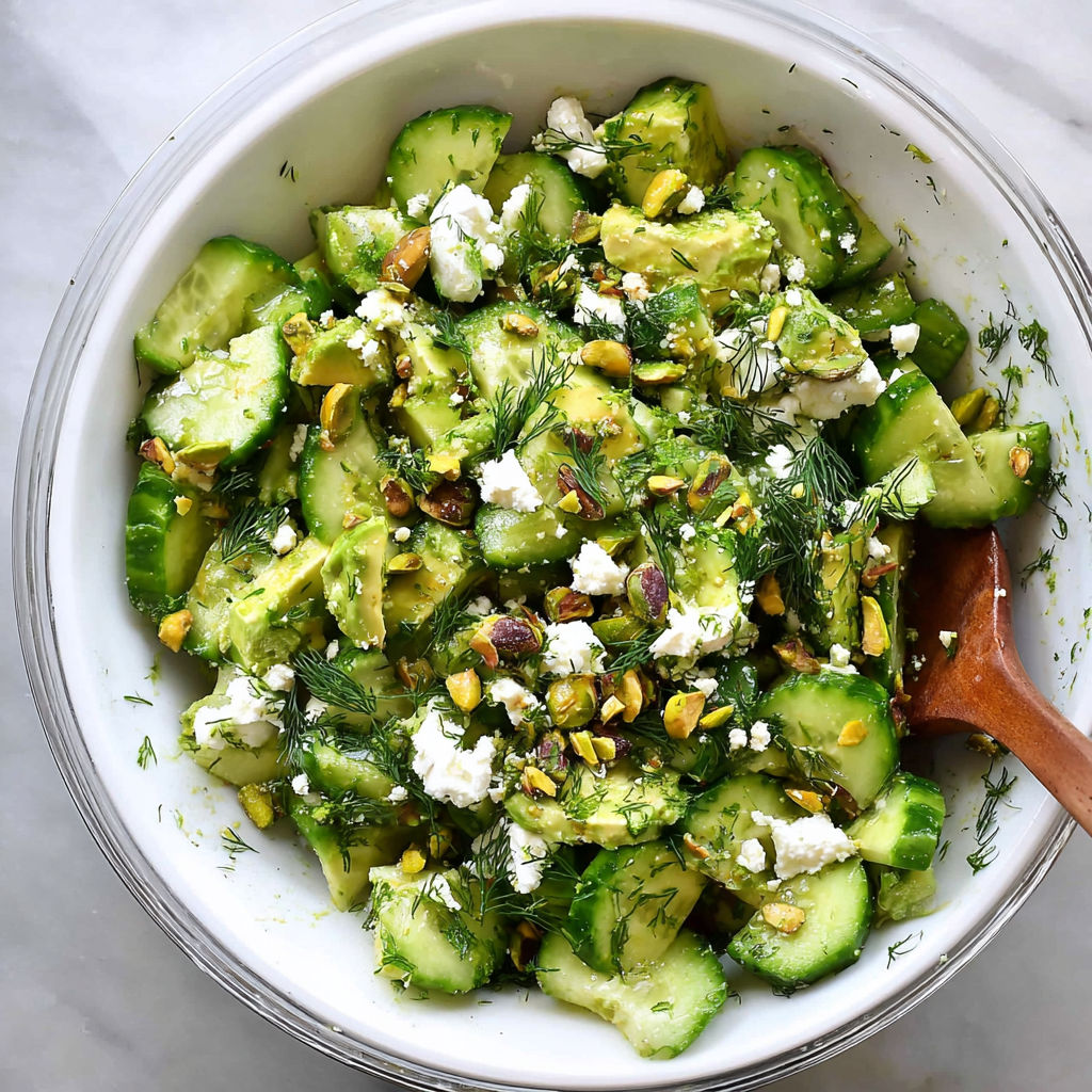 A white bowl filled with a salad made of cucumbers, feta cheese, and dill.