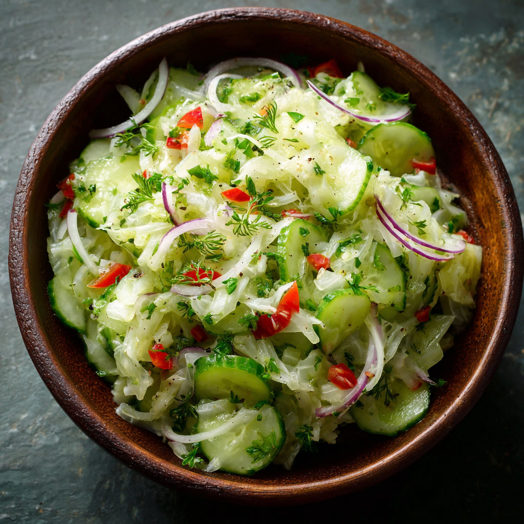 A bowl of cucumber salad with red peppers and onions.