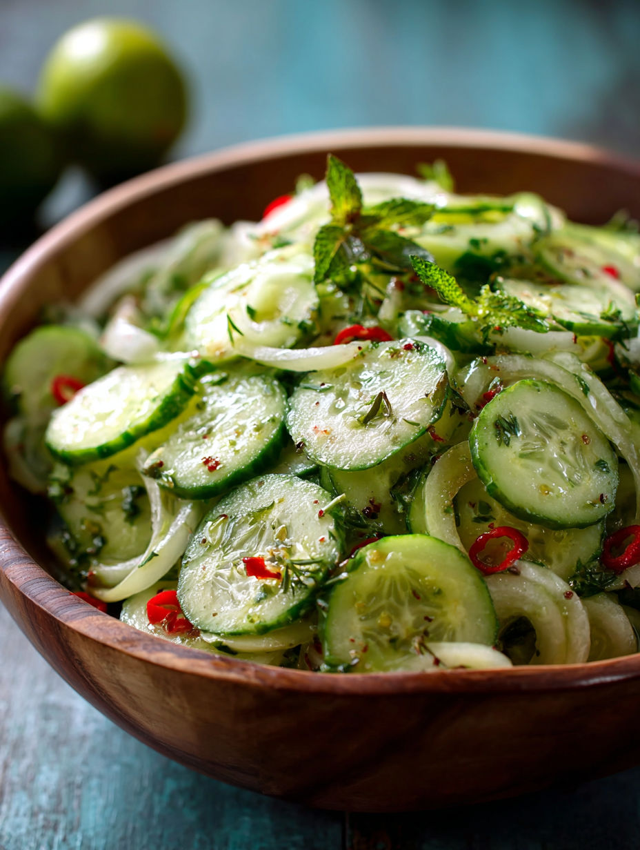 A bowl of cucumber salad with red peppers.