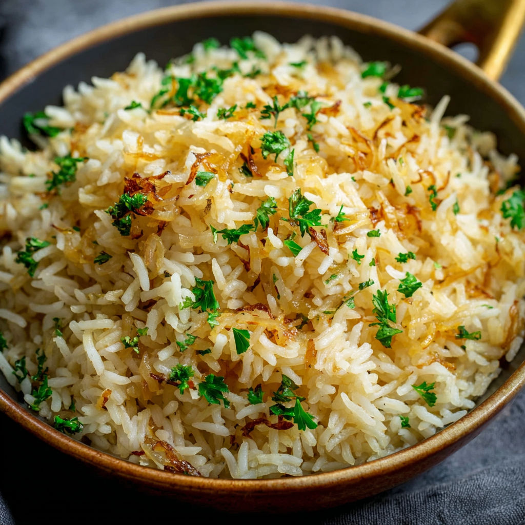 A bowl of rice with herbs on top.