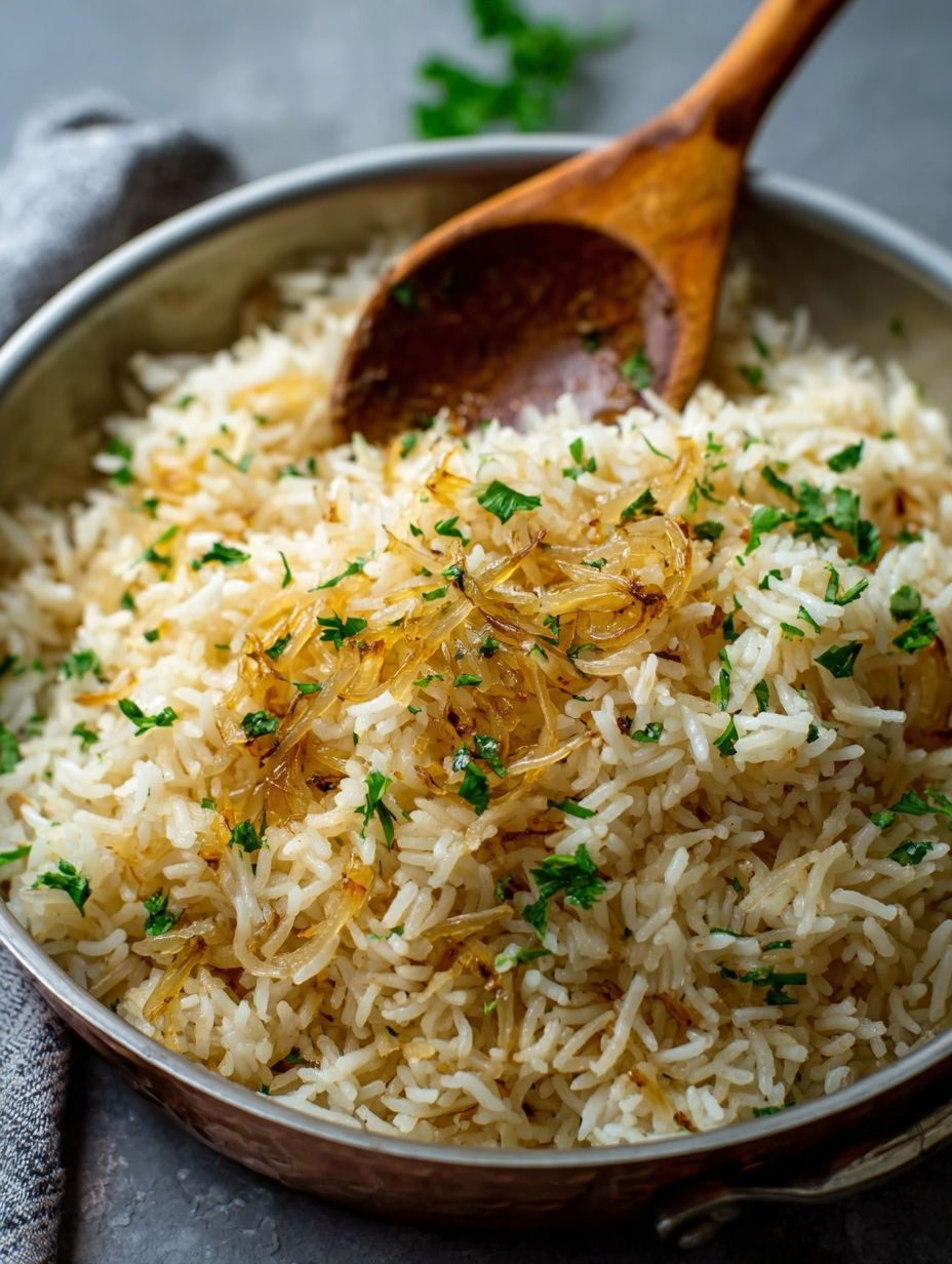 A bowl of rice with a wooden spoon in it.